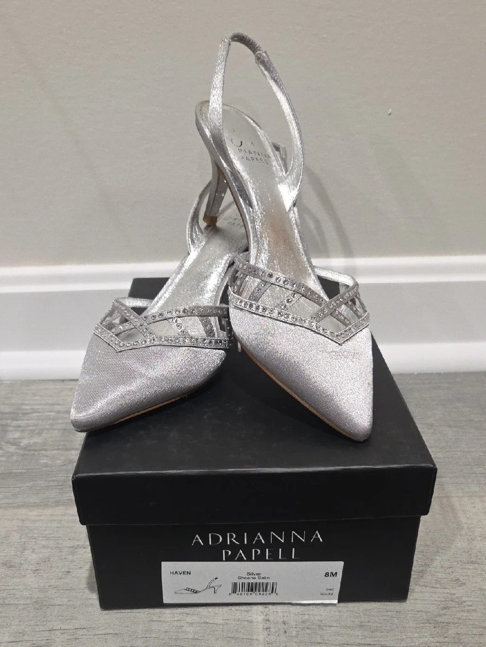 Adrianna Papell Metallic Silver Pointed Slingback Heels with Crystal Accents